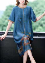 Load image into Gallery viewer, Blue Patchwork Silk Long Dress Oversized Print Half Sleeve