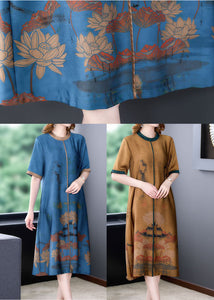 Blue Patchwork Silk Long Dress Oversized Print Half Sleeve