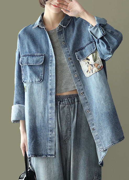 Blue Pockets Print Patchwork Denim Coats Peter Pan Collar Spring