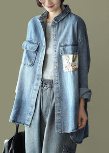 Blue Pockets Print Patchwork Denim Coats Peter Pan Collar Spring