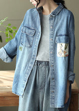 Load image into Gallery viewer, Blue Pockets Print Patchwork Denim Coats Peter Pan Collar Spring