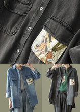 Load image into Gallery viewer, Blue Pockets Print Patchwork Denim Coats Peter Pan Collar Spring