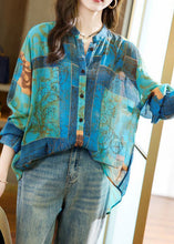 Load image into Gallery viewer, Blue Print Patchwork Cotton Shirt Stand Collar Zircon Long Sleeve