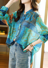 Load image into Gallery viewer, Blue Print Patchwork Cotton Shirt Stand Collar Zircon Long Sleeve