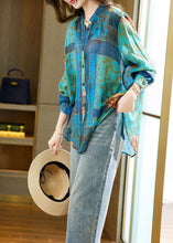 Load image into Gallery viewer, Blue Print Patchwork Cotton Shirt Stand Collar Zircon Long Sleeve