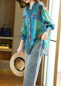 Blue Print Patchwork Cotton Shirt Stand Collar Zircon Long Sleeve