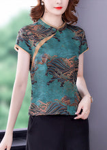 Load image into Gallery viewer, Blue Print Silk Blouse Top Mandarin Collar Slim Fit Summer