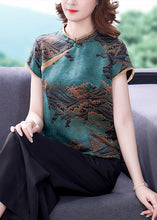 Load image into Gallery viewer, Blue Print Silk Blouse Top Mandarin Collar Slim Fit Summer