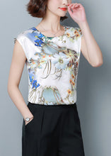 Load image into Gallery viewer, Blue Print Silk Blouse Top O-Neck Slim Fit Short Sleeve