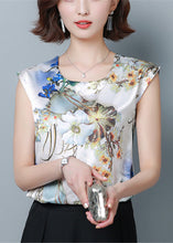 Load image into Gallery viewer, Blue Print Silk Blouse Top O-Neck Slim Fit Short Sleeve