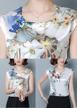 Load image into Gallery viewer, Blue Print Silk Blouse Top O-Neck Slim Fit Short Sleeve