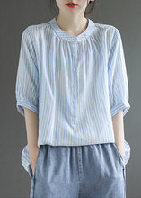 Load image into Gallery viewer, Blue Striped Cotton Shirt Top O-Neck Oversized Half Sleeve