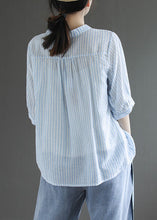 Load image into Gallery viewer, Blue Striped Cotton Shirt Top O-Neck Oversized Half Sleeve