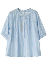 Load image into Gallery viewer, Blue Striped Cotton Shirt Top O-Neck Oversized Half Sleeve