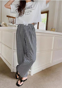 Bohemian Black Elastic Waist Plaid Linen Wide Leg Pants Spring