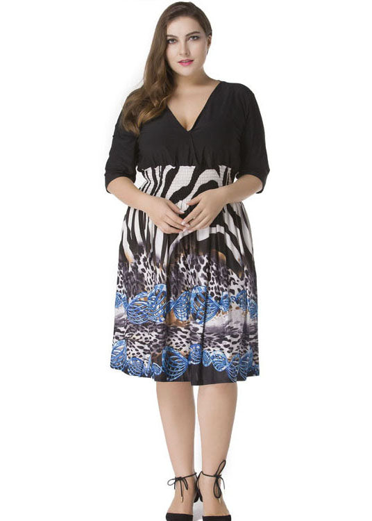 Bohemian Black V Neck Print Patchwork Chiffon Dresses Half Sleeve