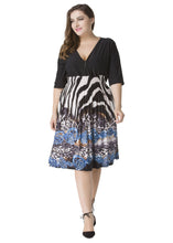 Load image into Gallery viewer, Bohemian Black V Neck Print Patchwork Chiffon Dresses Half Sleeve