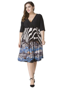 Bohemian Black V Neck Print Patchwork Chiffon Dresses Half Sleeve