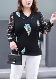 Bohemian Black V Neck Print Patchwork Cotton Top Long Sleeve