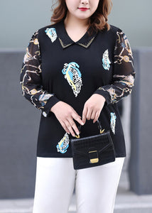 Bohemian Black V Neck Print Patchwork Cotton Top Long Sleeve