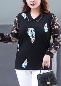 Bohemian Black V Neck Print Patchwork Cotton Top Long Sleeve