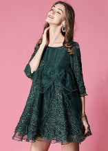 Load image into Gallery viewer, Bohemian Blackish Green Bow Patchwork Organza Vacation Dress Half Sleeve