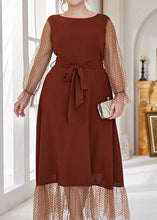 Load image into Gallery viewer, Bohemian Brown O Neck Tie Waist Patchwork Chiffon Dress Lantern Sleeve