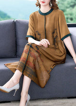 Load image into Gallery viewer, Bohemian Coffee O-Neck Patchwork Silk Long Dress Summer