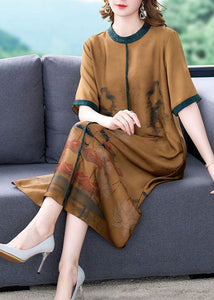 Bohemian Coffee O-Neck Patchwork Silk Long Dress Summer