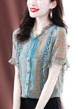 Load image into Gallery viewer, Bohemian Green Ruffled Print Chiffon Blouses Summer