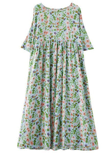 Bohemian Light Green O-Neck Patchwork Print Summer Dress Half Sleeve