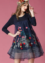 Load image into Gallery viewer, Bohemian Navy Embroideried Patchwork Organza Holiday Dress Spring