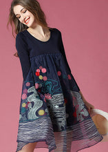 Load image into Gallery viewer, Bohemian Navy Embroideried Patchwork Organza Holiday Dress Spring