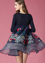 Load image into Gallery viewer, Bohemian Navy Embroideried Patchwork Organza Holiday Dress Spring