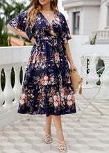 Load image into Gallery viewer, Bohemian Navy Print Patchwork Chiffon Maxi A Line Dress Short Sleeve