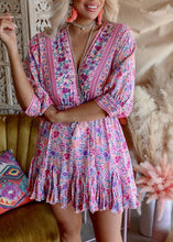 Load image into Gallery viewer, Bohemian Pink Asymmetrical Design Print Backless Outfit Mid Dress Half Sleeve