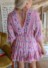 Load image into Gallery viewer, Bohemian Pink Asymmetrical Design Print Backless Outfit Mid Dress Half Sleeve