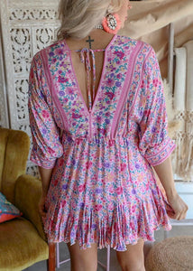 Bohemian Pink Asymmetrical Design Print Backless Outfit Mid Dress Half Sleeve