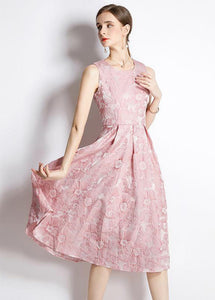 Bohemian Pink Jacquard Exra Large Hem Silk Holiday Dress Sleeveless