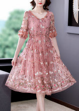 Load image into Gallery viewer, Bohemian Pink Ruffled Embroideried Exra Large Hem Tulle Cinched Dress Summer