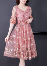 Load image into Gallery viewer, Bohemian Pink Ruffled Embroideried Exra Large Hem Tulle Cinched Dress Summer