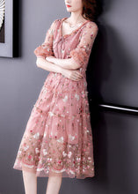 Load image into Gallery viewer, Bohemian Pink Ruffled Embroideried Exra Large Hem Tulle Cinched Dress Summer