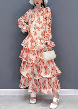 Load image into Gallery viewer, Bohemian Pink Ruffled Print Layered Chiffon Long Dresses Long Sleeve