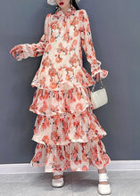 Load image into Gallery viewer, Bohemian Pink Ruffled Print Layered Chiffon Long Dresses Long Sleeve