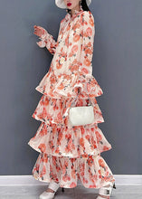 Load image into Gallery viewer, Bohemian Pink Ruffled Print Layered Chiffon Long Dresses Long Sleeve