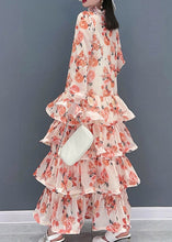 Load image into Gallery viewer, Bohemian Pink Ruffled Print Layered Chiffon Long Dresses Long Sleeve