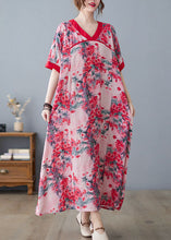 Load image into Gallery viewer, Bohemian Pink V Neck Print Cotton Linen A Line Dress Short Sleeve