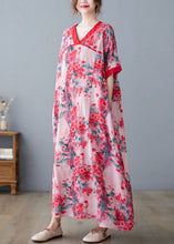 Load image into Gallery viewer, Bohemian Pink V Neck Print Cotton Linen A Line Dress Short Sleeve