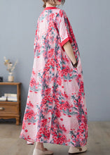 Load image into Gallery viewer, Bohemian Pink V Neck Print Cotton Linen A Line Dress Short Sleeve