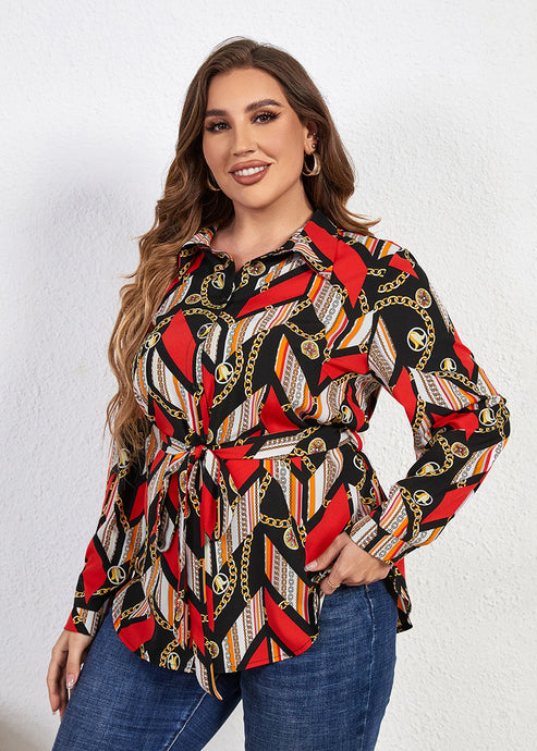 Bohemian Print Tie Waist Chiffon Shirts Long Sleeve